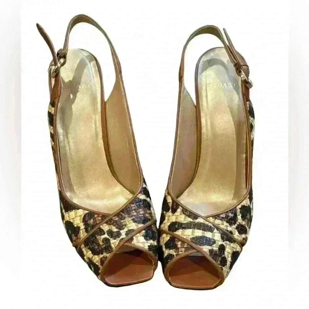 Stuart Weitzman Leopard Print Slingback Heels 🐆 Peep Toe Woven Raffia